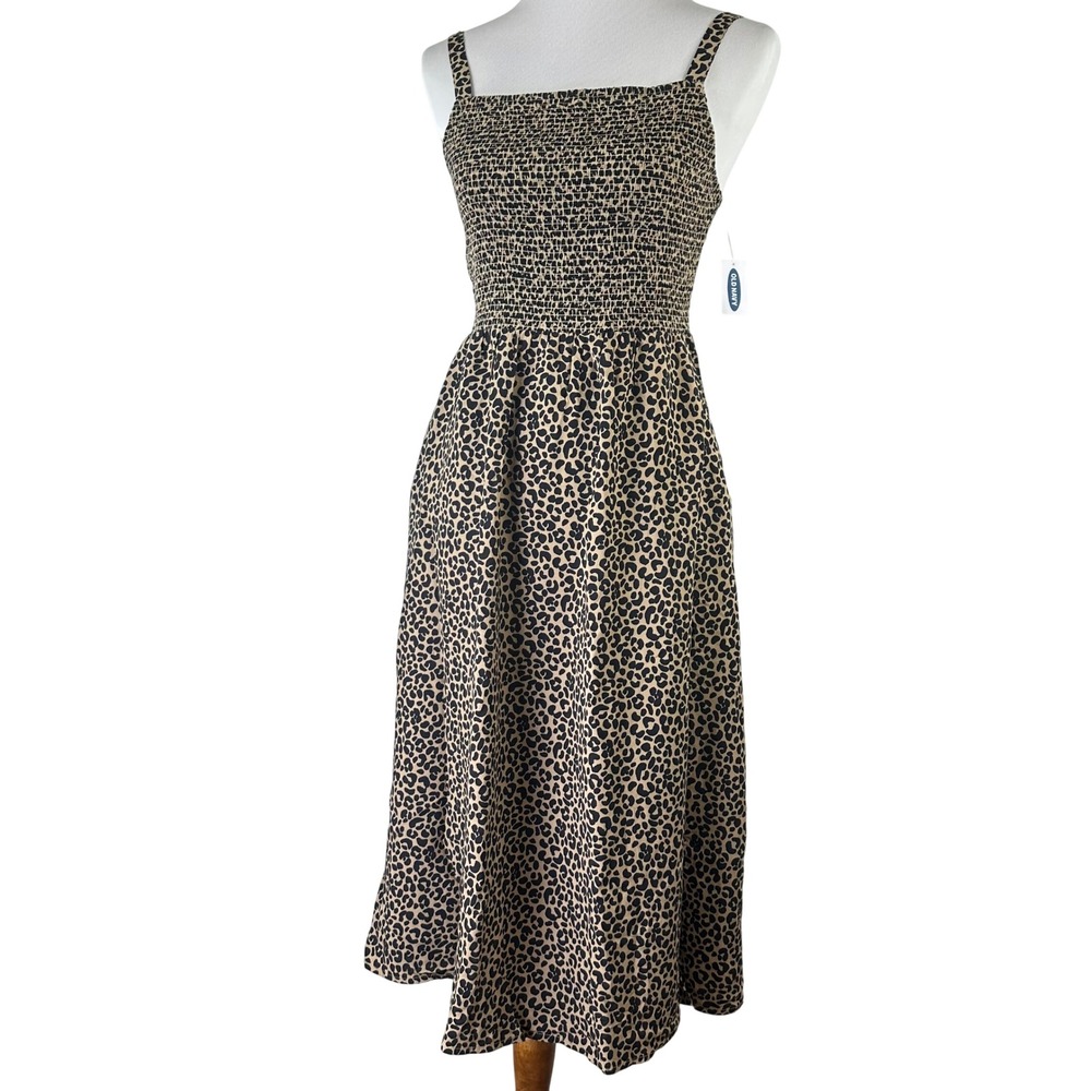 Old Navy Leopard Print Smocked Midi Dress Brown Black Pockets Rayon Womens S NWT